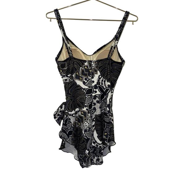 Maxine of Hollywood Size 12 One Piece Swimsuit Black White Gold Floral Print - Picture 3 of 8